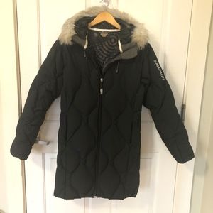 Salomon long black puffy jacket, size medium